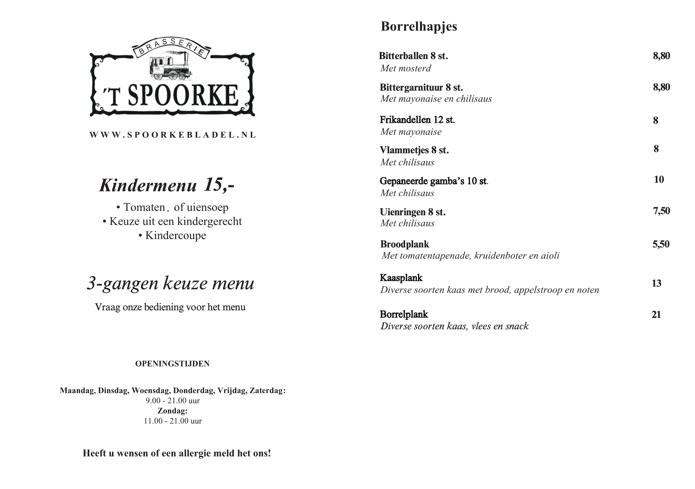 Menu kaart brasserie 't Spoorke